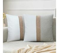 JASEN Farmhouse Pillow Covers 18x18, Modern Accent Square Throw Pillow Covers Set of 2, Grey and Beige Striped Patchwork Decorative Pillow Case for Sofa Couch Chair Bedroom