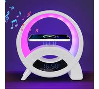 Jasfyee ED Alarm Clock Bluetooth Speaker with Wireless Charging, White Noise, FM Radio, UK Plug, TWS Stereo, USB/TF/AUX, 15W Fast Charge, LED Ambient Light - White