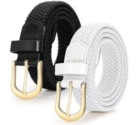 JASGOOD 2 Pack Ladies Braided Elastic Belts Casual Women Elasticated Canvas Woven Belts for Jeans Pants 1 Inch Wide Black+White M