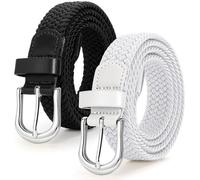 JASGOOD 2 Pack Ladies Braided Elastic Belts Casual Women Elasticated Canvas Woven Belts for Jeans Pants 1 Inch Wide Black+White L