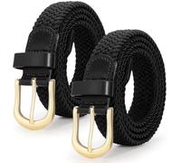 JASGOOD 2 Pack Ladies Braided Elastic Belts Casual Women Elasticated Canvas Woven Belts for Jeans Pants 1 Inch Wide Black+Black L