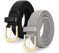 JASGOOD 2 Pack Ladies Braided Elastic Belts Casual Women Elasticated Canvas Woven Belts for Jeans Pants 1 Inch Wide Black+Grey L
