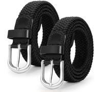 JASGOOD 2 Pack Ladies Braided Elastic Belts Casual Women Elasticated Canvas Woven Belts for Jeans Pants 1 Inch Wide Black+Black XL