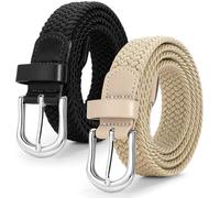 JASGOOD 2 Pack Ladies Braided Elastic Belts Casual Women Elasticated Canvas Woven Belts for Jeans Pants 1 Inch Wide Black+Khaki L