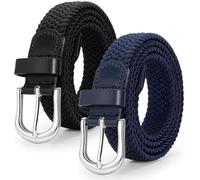 JASGOOD 2 Pack Ladies Braided Elastic Belts Casual Women Elasticated Canvas Woven Belts for Jeans Pants 1 Inch Wide Black+Blue M