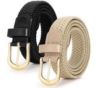 JASGOOD 2 Pack Ladies Braided Elastic Belts Casual Women Elasticated Canvas Woven Belts for Jeans Pants 1 Inch Wide Black+Khaki S