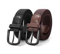 JASGOOD 2 Pack Men Braided Canvas Stretch Belt Elastic Casual Belt for Men Women,Junior 1.3 Inch Wide,Black+Coffee/Black Buckle