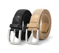 JASGOOD 2 Pack Men Braided Canvas Stretch Belt Elastic Casual Belt for Men Women,Junior 1.3 Inch Wide,Black+Beige/Silver Buckle