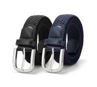 JASGOOD 2 Pack Men Braided Canvas Stretch Belt Elastic Casual Belt for Men Women,Junior 1.3 Inch Wide,Black+Blue/Silver Buckle
