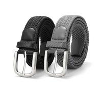 JASGOOD 2 Pack Men Braided Canvas Stretch Belt Elastic Casual Belt for Men Women,Junior 1.3 Inch Wide,Black+Grey/Silver Buckle