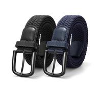JASGOOD 2 Pack Men Braided Canvas Stretch Belt Elastic Casual Belt for Men Women,Junior 1.3 Inch Wide,Black+Blue/Black Buckle