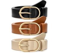 JASGOOD 3 Pack Women's Leather Belt with Gold Buckle Ladies Waist Belts for Jeans & Pants (Black/Brown/Beige) - Size XL