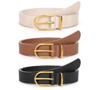JASGOOD 3 Pack Women's Leather Belts for Jeans Pants Fashion Ladies Belts with Dark Gold Buckle,Black+Brown+Beige