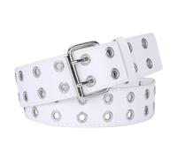 JASGOOD Double Grommet Belt PU Leather Belt for Women/Men Halloween Punk Jeans 2 Hole Belt Wide 1.5 Inch White Fit fo Waist Size 46 Inch