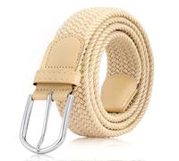 JASGOOD Mens Belt-Elastic Braided Stretch Belt with Covered Leather Buckle for Jeans Woven Trouser Belts for Men and Women,Khaki,Fit Waist Size 29"-33"