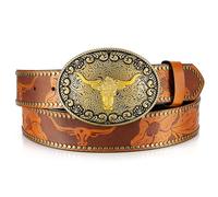 JASGOOD Mens Cowboy Belt Cowgirl Belt Western Belts for Women with Engraved Floral Bull Head Buckle Western Leather Buckle Belt for Jeans, Light Brown, M