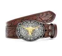 JASGOOD Western Leather Buckle Belt for Men Women Floral Engraved Cowboy Belt Longhorn Bull Buckle Waist Belt for Jeans Pants,A-Brown,Fit Waist Size 39"-42"