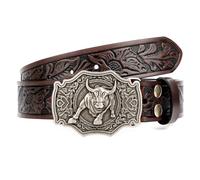 JASGOOD Western Leather Buckle Belt for Men Women Floral Engraved Cowboy Belt Longhorn Bull Buckle Waist Belt for Jeans Pants,D-Coffee,Fit Waist Size 35"-38"