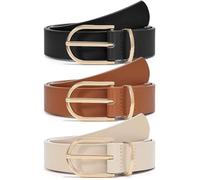 JASGOOD Womens Leather Belts for Jeans Dress Fashion Gold Buckle Ladies Leather Belt 3 Pack, Black Brown Beige XL