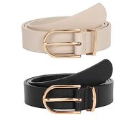 JASGOOD Women's PU Leather Belts for Jeans Pants Fashion Ladies Dress Belts with Gold Buckle 2 Pack(Black+Beige,Fit Waist Size 38-42 Inches)