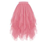 JASGOOD Women's Tulle Skirt High Low Layered Irregular Ladies Elastic Waist A-Line Midi Ballet Skirt for Prom Party Daily, Pink, L