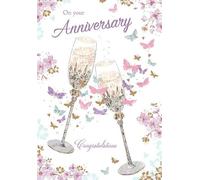 Jasmine Greeting Card (GR-488015) - On Your Wedding Anniversary - Pretty Flowers and Champagne - From the Range - Foil and Flitter Finish