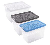Jasmine Leaves Elegant Plastic Storage Boxes With Clip Locked Lids, Stackable, Strong Containers For Wardrobes, Dressing Rooms & Bedroom (22 Litre, Set of 3 (1 Lid Each Blue, Black & Clear))