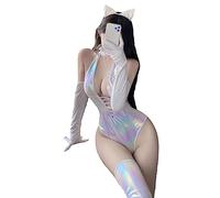 JasmyGirls Cat Cosplay Lingerie Set Sexy Anime Costume Halloween Rave Maid Outfit Latex Leather Bodysuit Festival Catsuit Stocking