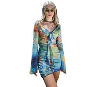 JasmyGirls Rave Outfits for Women Set Festival 2 Pieces Y2K Butterfly Dress Fairy Long Sleeves Top Tie Dye Mini Skirt Mesh Cover Up