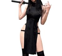 JasmyGirls Sexy Devil Cosplay Lingerie High Slit Babydoll Dress Halloween Anime Ninja Roleplay Outfit Goth High Waist Tank Dresses Black