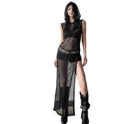 JasmyGirls Womens Rave Outfits Streetwear Goth Black High Double Slit Dress Sexy Halloween Dresses Fishnet Long Swimsuit Coverup
