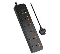 Jasni 3M/9.84FT Extension Lead 5 AC Way with 2 USB+4 Type-C Slots(5V 4.2A), 13Amp UK Plug Power(3250W/13A),Bold Extension Cord with Fuse Surge Protected Power Strip for Home Office (Black)