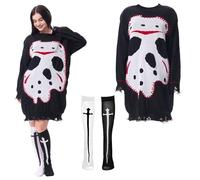 Jason Mask Knitted Jumper Women's with Knee Stockings Halloween Horror Elegant Jason Voorhees Oversized Pullover Loose Casual Outfit for Halloween, Carnival, Cosplay (L)