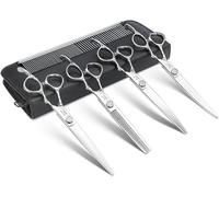 JASON Professional 6 in 1 Dog Scissors Set - 6.5" Thinning, 7" Straight, 7" Up-Curved, 7" Down-Curved Shears and Comb for Cat, Pet (Silver)