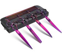 JASON Professional 6 in 1 Dog Shears Kit - 6.5" Thinning, 7" Straight, 7" Up-Curved, 7" Down-Curved Scissors and Comb for Cat, Pet with Adjustable Screw (Purple)