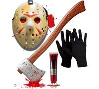 Jason Voorhees Hockey Mask, Bloody Axe, Fake Blood & Gloves for Men and Women, Horror Fear Accessories for Adult, Carnival, Halloween and Party Accessories