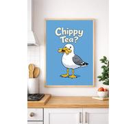 JasonCarlMorgan WinsterCreations Chippy Tea Seagull Wall Art - Funny British Kitchen Print, Coastal Food Pun Poster, Fish & Chips Humour Decor A4 Normal