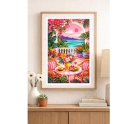 JasonCarlMorgan WinsterCreations Tropical Sunset Balcony Wall Art - Pink Mediterranean Terrace Print, Coastal Floral Paradise Poster, Summer Vacation Decor A5 High Gloss