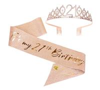 JasperKino 21th Birthday Sash and Tiara Set Rose Gold Birthday Sash Crown Birthday Party Favors Supplies for Girls Birthday Party, Pink