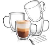 Jassceram Double Walled Glass Coffee Cups Set of 4, 420ml Large Capacity Glasses Mugs with 4 Spoons, Vacuum Insulated Glass with Handles for Cappuccino Dessert Tea Latte Ice Cream 14oz