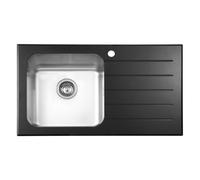 JASSFERRY 860x500mm Stainless Steel Kitchen Sink with Black Glass Top - Single Bowl Right Hand Drainer & Glossy Drainboard