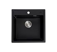JASSFERRY Black Composite Kitchen Sink 520 x 510mm, Inset Quartz Sinks, Drop-in Deep Single Bowl with Waste Strainer Kit