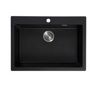 JASSFERRY Black Composite Kitchen Sink 700 x 509mm, Inset Quartz Sinks, Drop-in Deep Single Bowl with Waste Strainer Kit