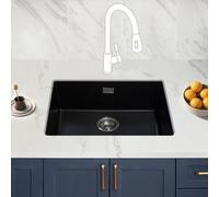 Jassferry Black Composite Quartz Kitchen Sink Undermount Deep Single Bowl, 575 X 465mm