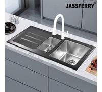 Jassferry Black Glass Top Kitchen Sink Stainless Steel 1.5 Deep Bowl Left Hand Drainer With Draining Groove