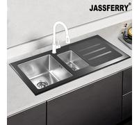 Jassferry Black Glass Top Kitchen Sink Stainless Steel 1.5 Deep Bowl Right Hand Drainer With Draining Groove