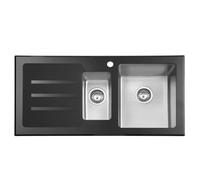 JASSFERRY Black Glass Top Kitchen Sink Stainless Steel 1.5 One Half Deep Bowls Left Hand Drainer with Draining Groove, 1000 X 500 mm
