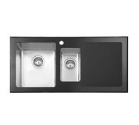 JASSFERRY Black Glass Top Kitchen Sink Stainless Steel 1.5 One Half Deep Bowls Right Hand Drainer & Strainer Waste Pipe Kit, 1000 X 500 mm