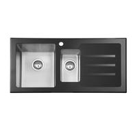 JASSFERRY Black Glass Top Kitchen Sink Stainless Steel 1.5 One Half Deep Bowls Right Hand Drainer with Draining Groove, 1000 X 500 mm