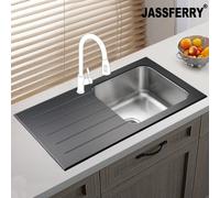 Jassferry Black Glass Top Kitchen Sink Stainless Steel Single 1 Bowl Left Hand Drainer